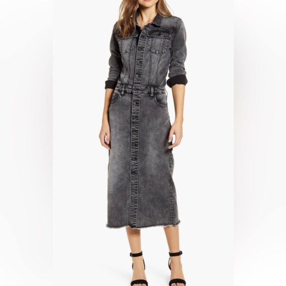 Wash Lab Piece Dyed Grey Frayed Hem Stretch Denim Dress Small Nordstrom